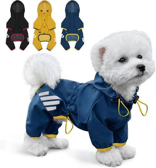 Impermeabile giacca per cani con cappuccio, occhiello e striscia riflettente - Adatto per cani di piccola a media taglia (blu S)