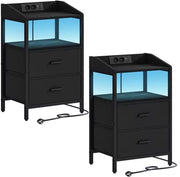 Set di cassetti notturni da 2 – Design moderno con illuminazione LED, porte USB e prese, nero