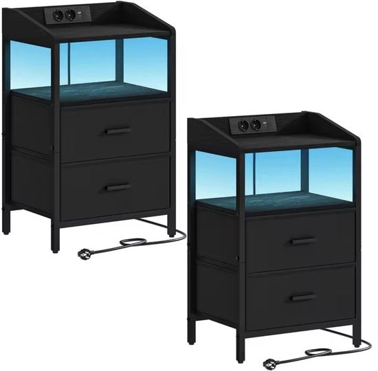 Set di cassetti notturni da 2 – Design moderno con illuminazione LED, porte USB e prese, nero
