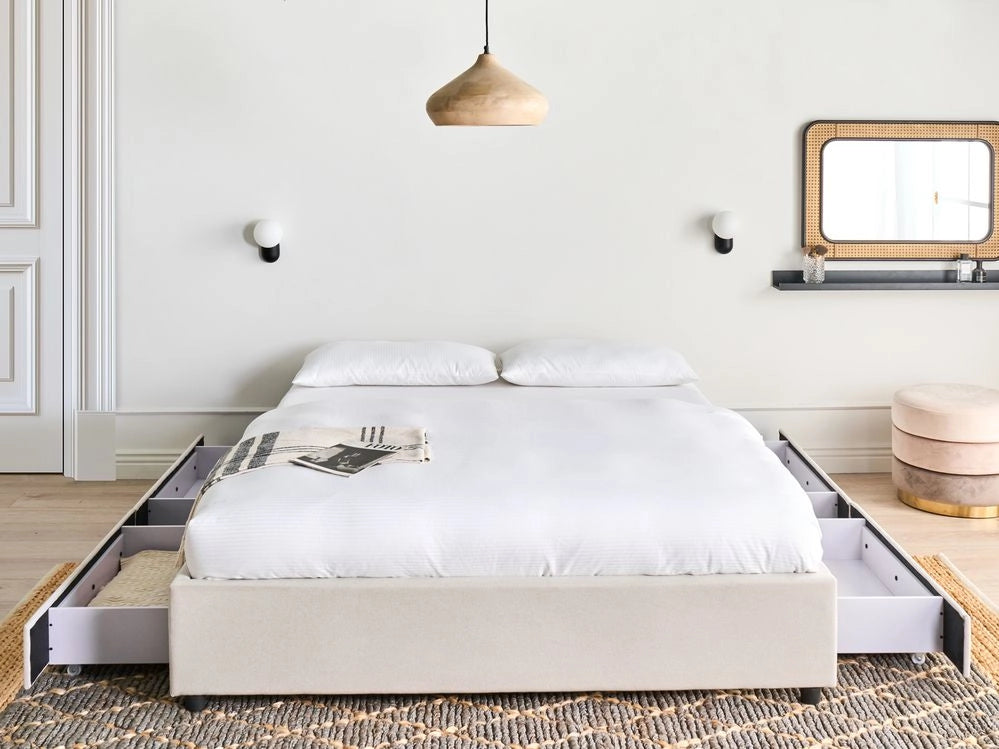 Letto matrimoniale in Tessuto beige chiaro con Cassetti 140 x 200 cm Design tradizionale