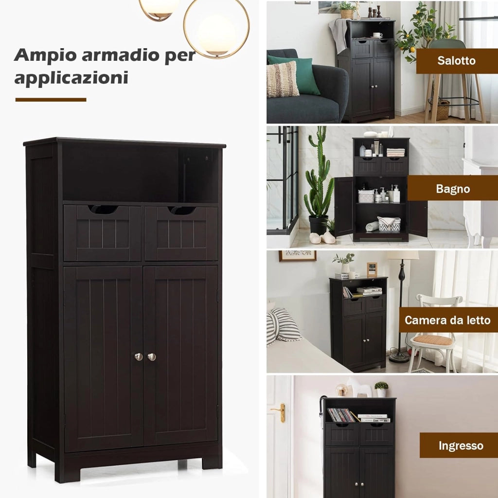 Armadietto Terra da Bagno Mobile Autoportante, Mobiletto Ufficcio Multiuso, con Cassetti e Ripiani, Ampio Spazio, Legno (Marrone)