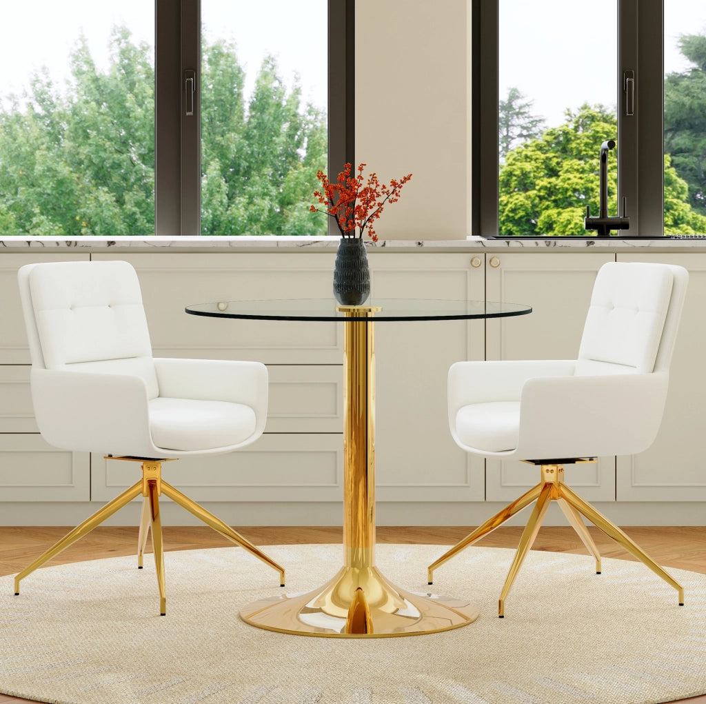Set tavolo rotondo in vetro e 2 sedie girevoli bianco oro