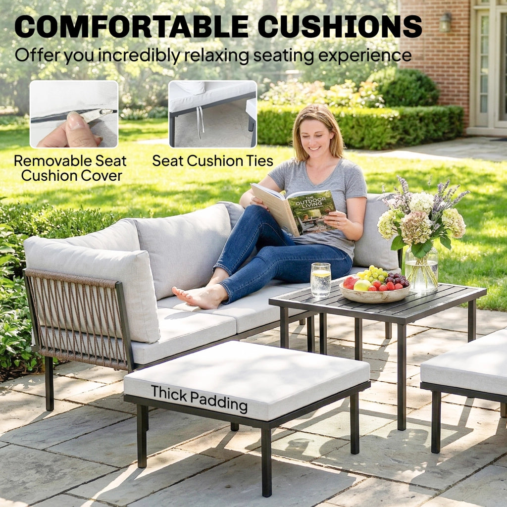 Set Lounge 6 Posti con Divano Angolare 2 Sedie Tavolino e Poggiapiedi ¨C Zephmum ¨C Grigio Polyrattan