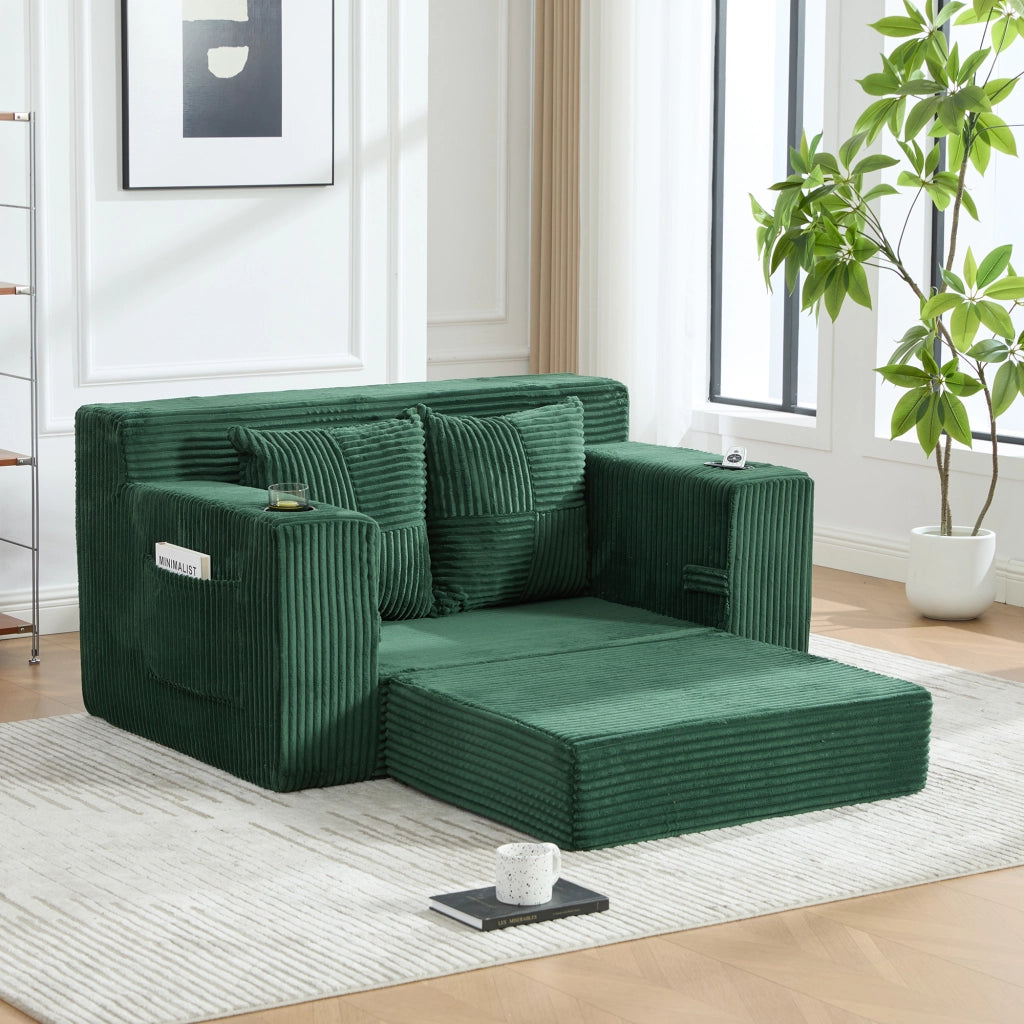 Divano pouf in velluto a coste con 2 cuscini e tasche laterali; 151x133x64 cm; smeraldo