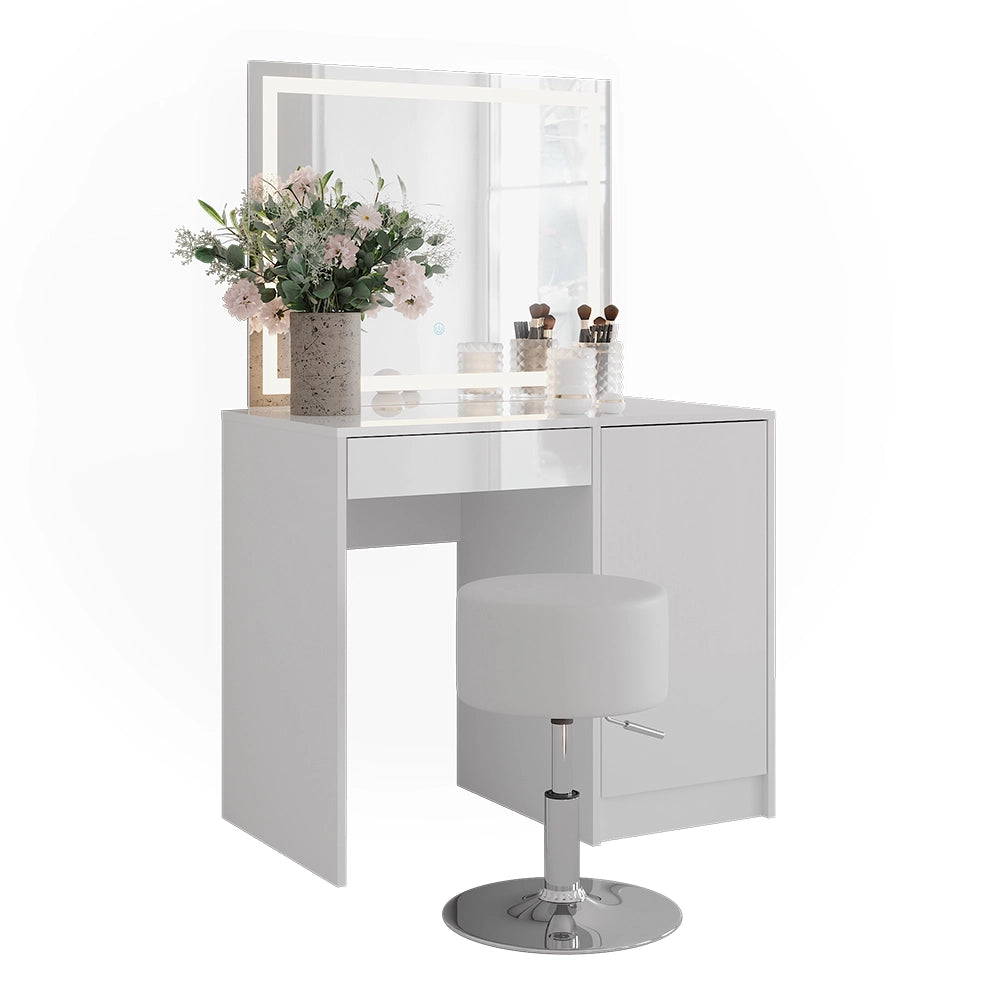 Vicco Tavolo da toeletta Bianco/bianco lucido 89.8 cm con specchio LED e sgabello