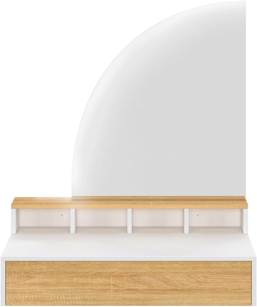 ZELIA, tavolo da toilette sospeso con specchio LED, 4 nicchie, 1 cassetto, legno e bianco