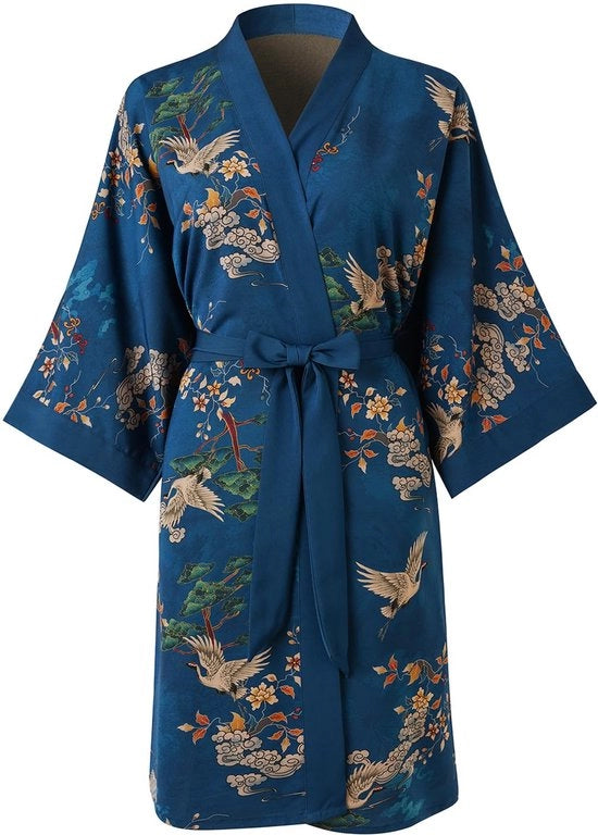 Kimono da camera corta per donne - pigiama con tasca e stampa di fiori, notte (blu scuro)