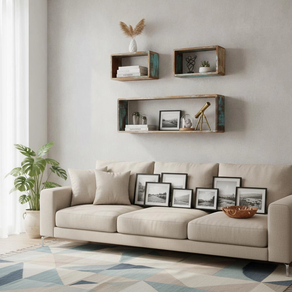 3-piece Cube Wall Shelf Set Made Of Recycled Solid Wood