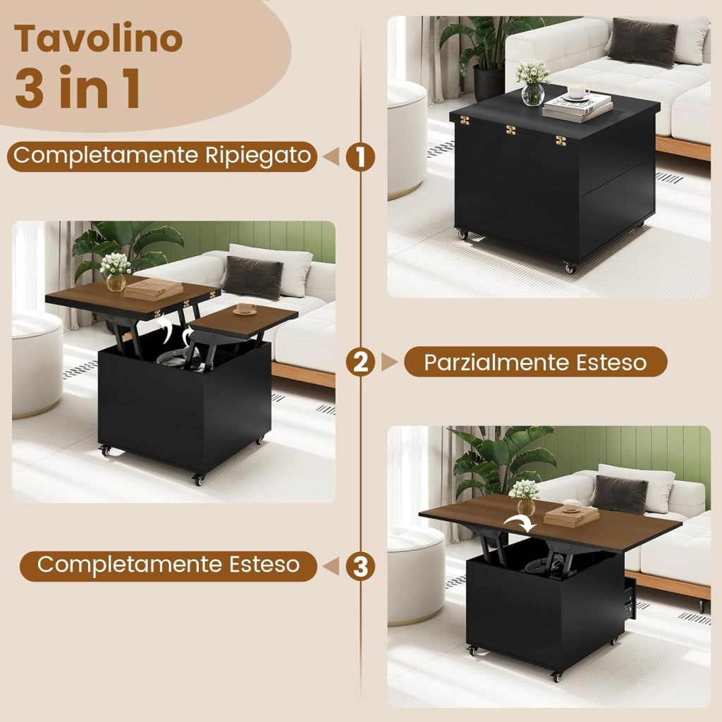 Tavolino da Caffè con Piano Sollevabile, Tavolo Moderno 3 in 1 Pieghevole con Contenitore Nascosto, Cassetto e Ruote Girevole 360°, Tavolino Versatile per Soggiorno e Ufficio (Nero)