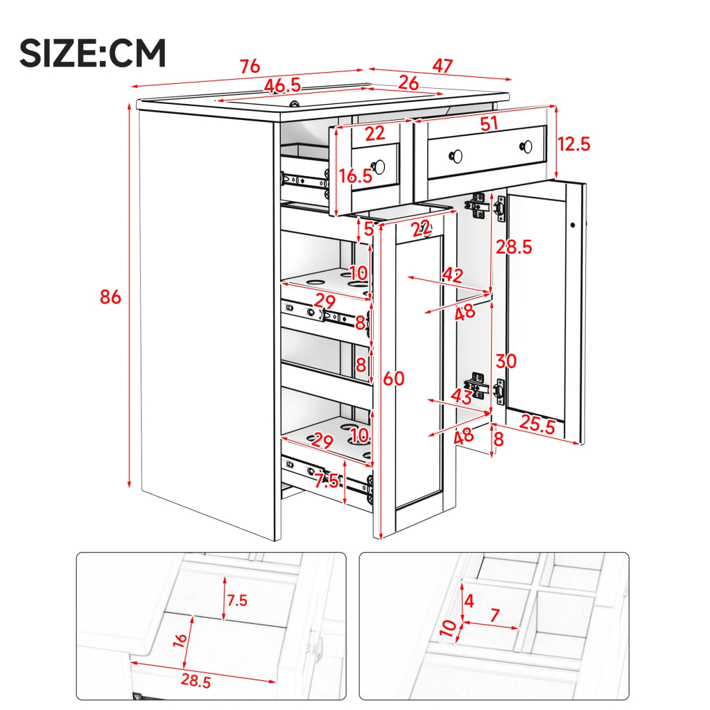 Mobile sottolavabo con 1 anta, 3 cassetti, lavabo in ceramica e chiusura ammortizzata per bagno bianco 76 × 47 × 86 cm