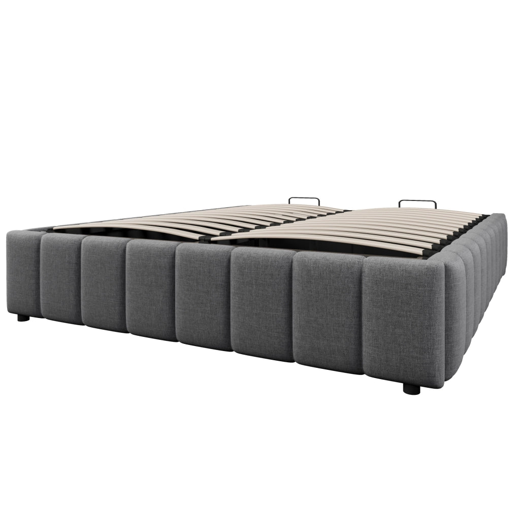 Letto matrimoniale imbottito 140x200 cm in lino grigio con contenitore idraulico; senza testiera