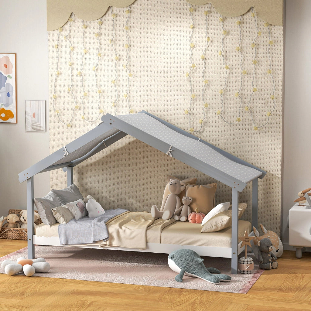 Letto Singolo per Bambini Casetta Tetto Stellato in Tessuto 213x100x140 cm Grigio