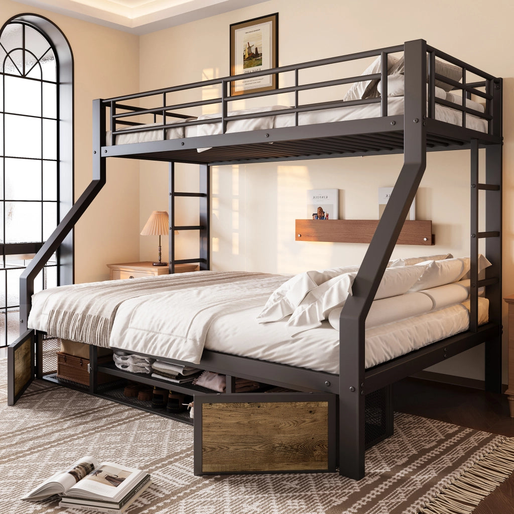 DESMIU Letto a castello per bambini 90 × 200 cm e 140 × 200 cm con scarpiera, vani, senza materasso, nero