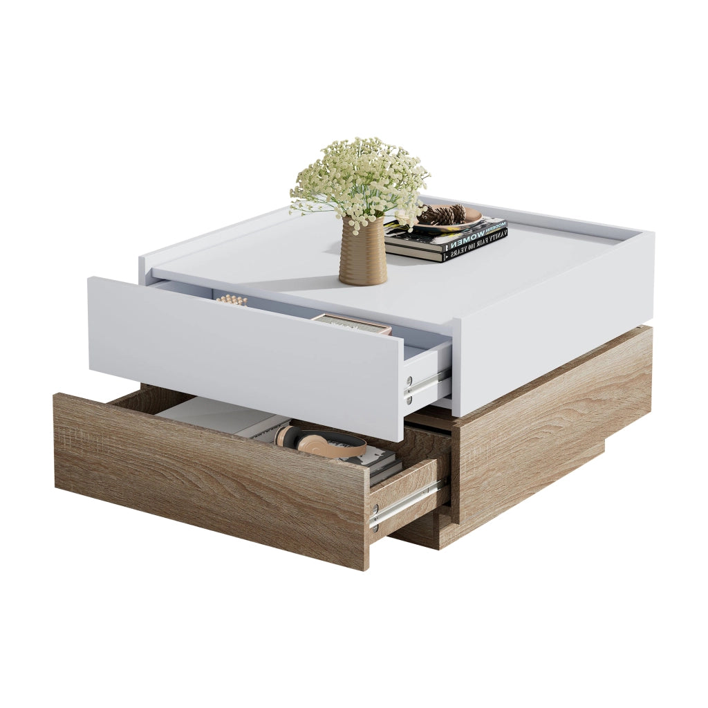 TAVOLINO Rotante 60x60x38 cm Bianco e Noce con 2 cassetti