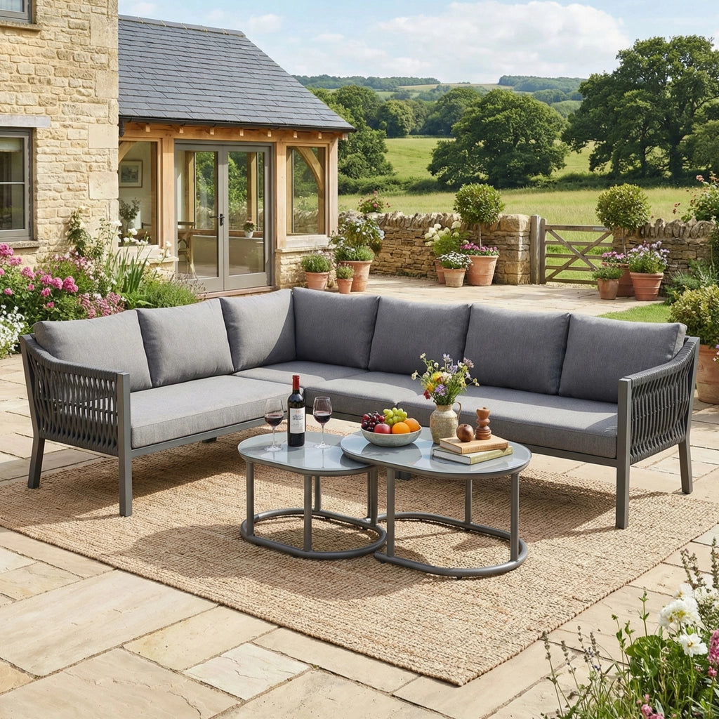 Set da Giardino 6 Posti con Tavolino, Divano e Tavolo in Vetro ¨C MINIMAL ¨C Acciaio, Corda Intrecciata, Grigio