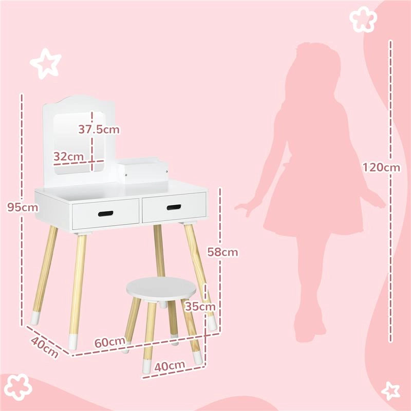 SET TOELETTA PER BAMBINI CON TAVOLO TRUCCO E SGABELLO SPECCHIO E 2 CASSETTI BIANCO E COLORE LEGNO