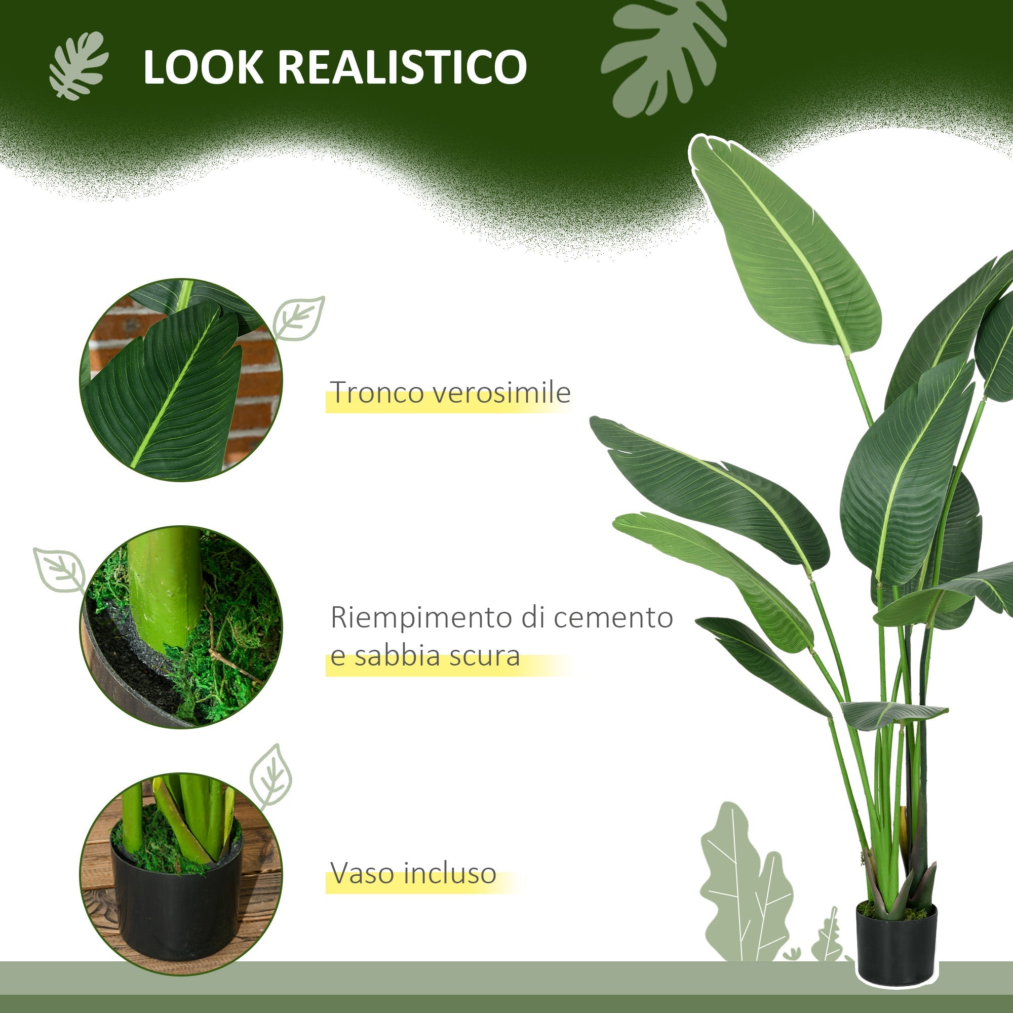 Set 2 Piante Artificiali Palma del Viaggiatore da Interno e Esterno H150 cm con Vaso Verde