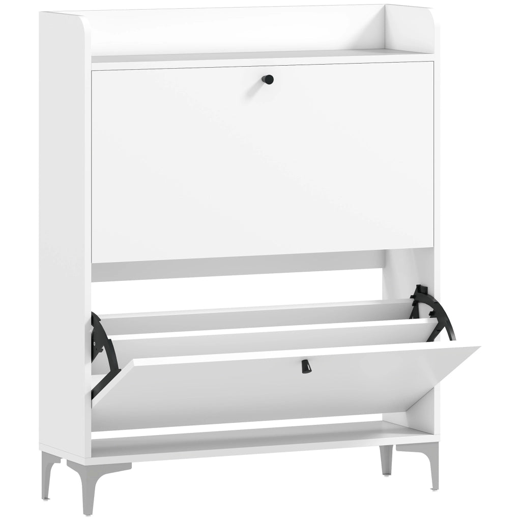 Mobile Scarpiera Slim 80x24x101 cm con 2 Cassetti a Ribalta e Ripiani Regolabili in Legno e Metallo Bianco