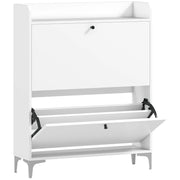 Mobile Scarpiera Slim 80x24x101 cm con 2 Cassetti a Ribalta e Ripiani Regolabili in Legno e Metallo Bianco