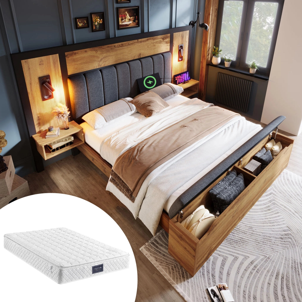 LETTO imbottito 160x200 cm Rovere con comodini, luci lettura e panca contenitore