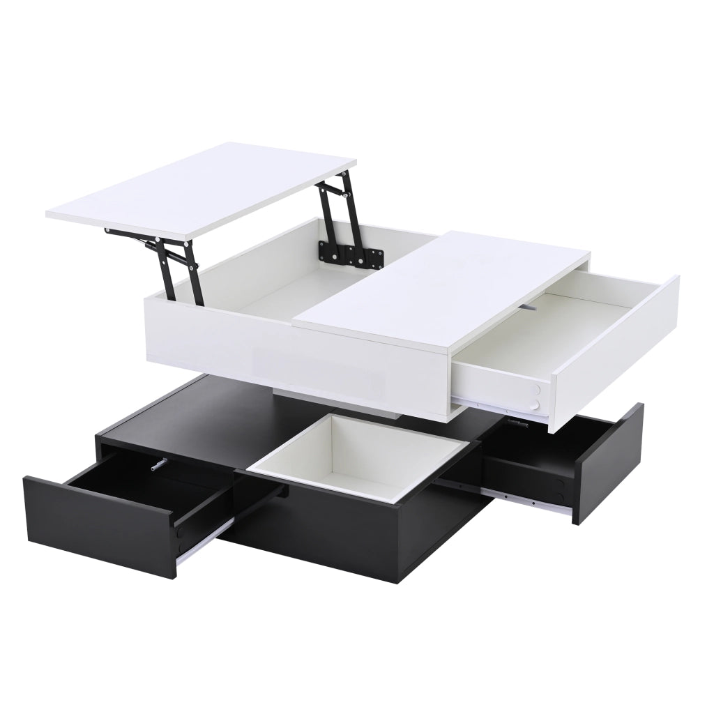 Tavolino da caffè alzabile con piano girevole a 360° e 3 cassetti; vano aperto; finitura lucida; soggiorno; 70 × 70 × 40 cm
