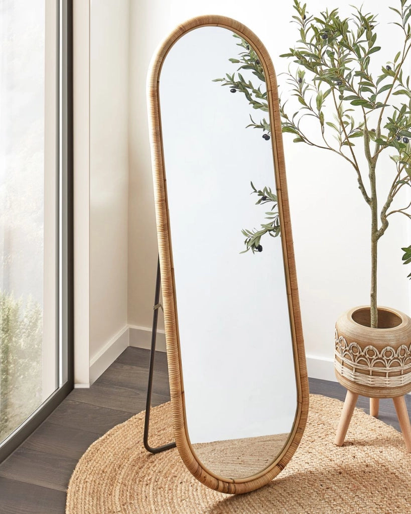 Elegante specchio da terra in rattan naturale stile boho 150x50 cm camera da letto soggiorno