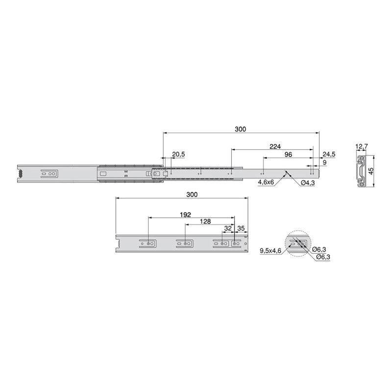 Set di guide a sfera per cassetti a estrazione totale, altezza 45 mm, lunghezza 350 mm, Acciaio, Zincato bianco