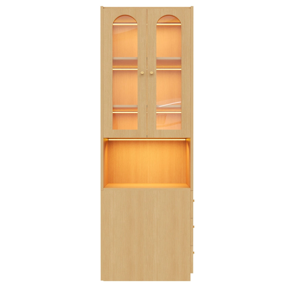 Libreria alta e stretta 60x40x200 cm effetto rovere, vetrina in vetro temperato, LED multicolore, 3 cassetti, reversibile