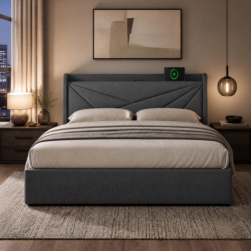 Letto matrimoniale contenitore 180x200 cm grigio con USB e USB-C