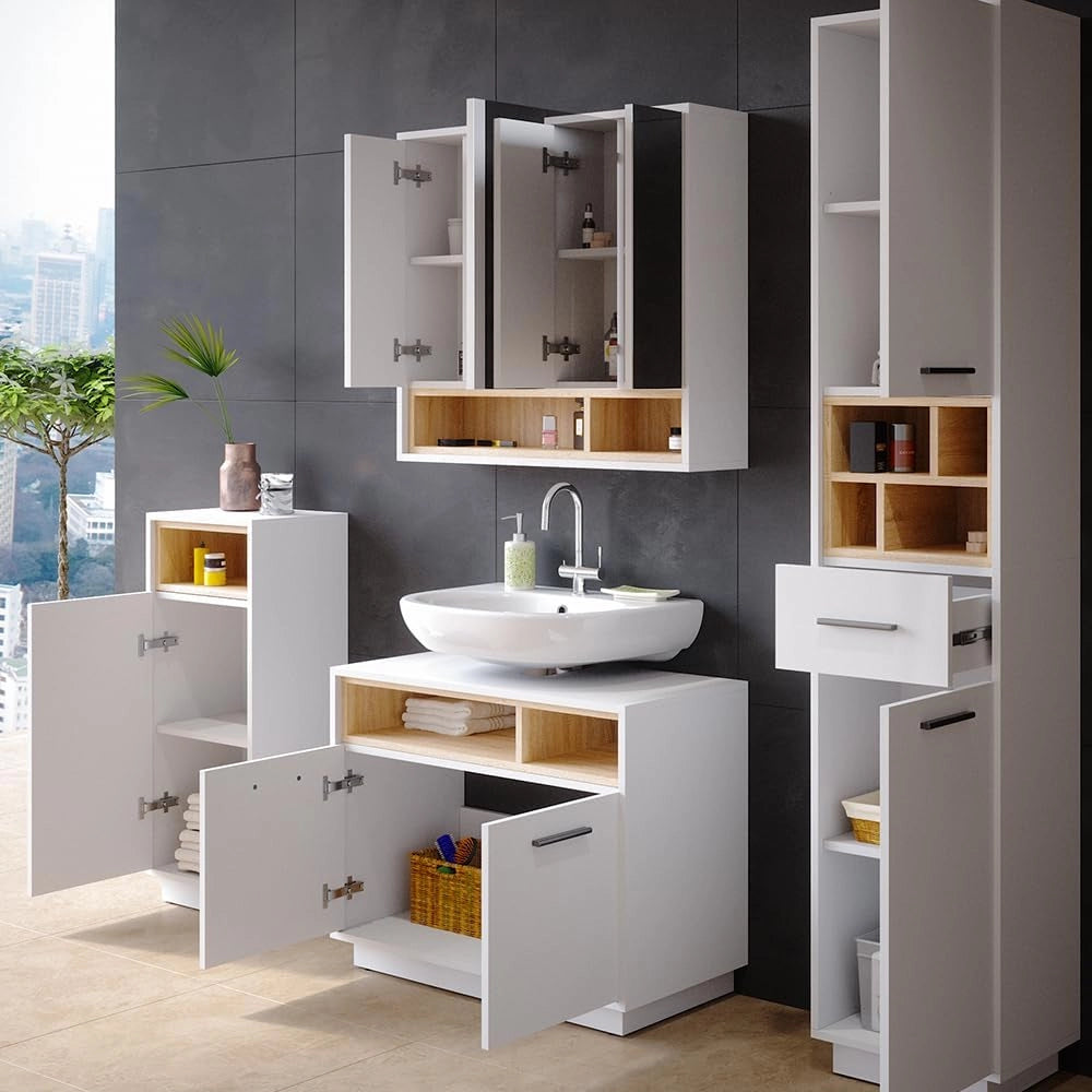 Set mobili bagno Beatrice, Bianco, 80 cm, composto da mobile lavabo, pensile a specchio, colonna e base media