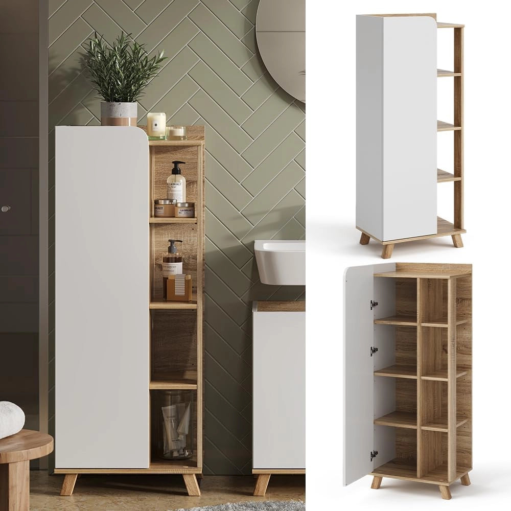 Mobiletto bagno Karen, Sonoma/Bianco, 50 x 128 cm con anta e vani a giorno, per la conservazione di articoli da bagno e asciugamani