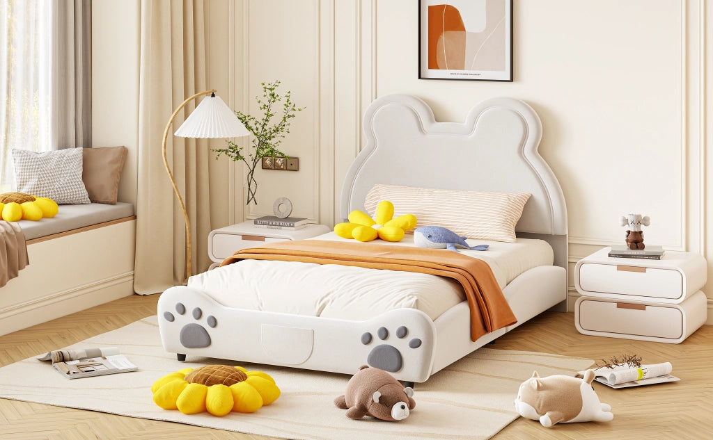 DESMIU Letto per bambini 140 × 200 cm 2 posti con testiera a forma di orso, senza materasso, imbottito, bianco