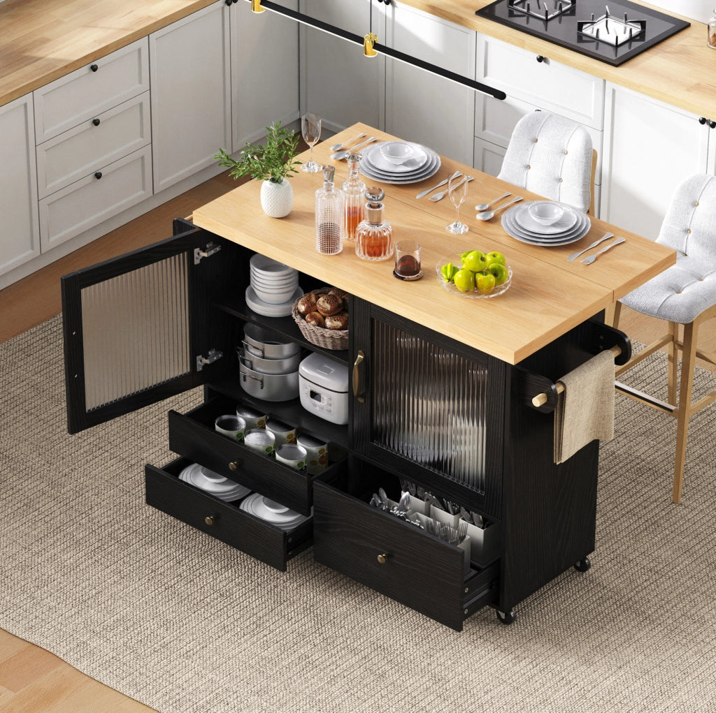 Isola cucina 100x42-70x91.5 cm con piano estendibile e ruote in MDF nero e naturale
