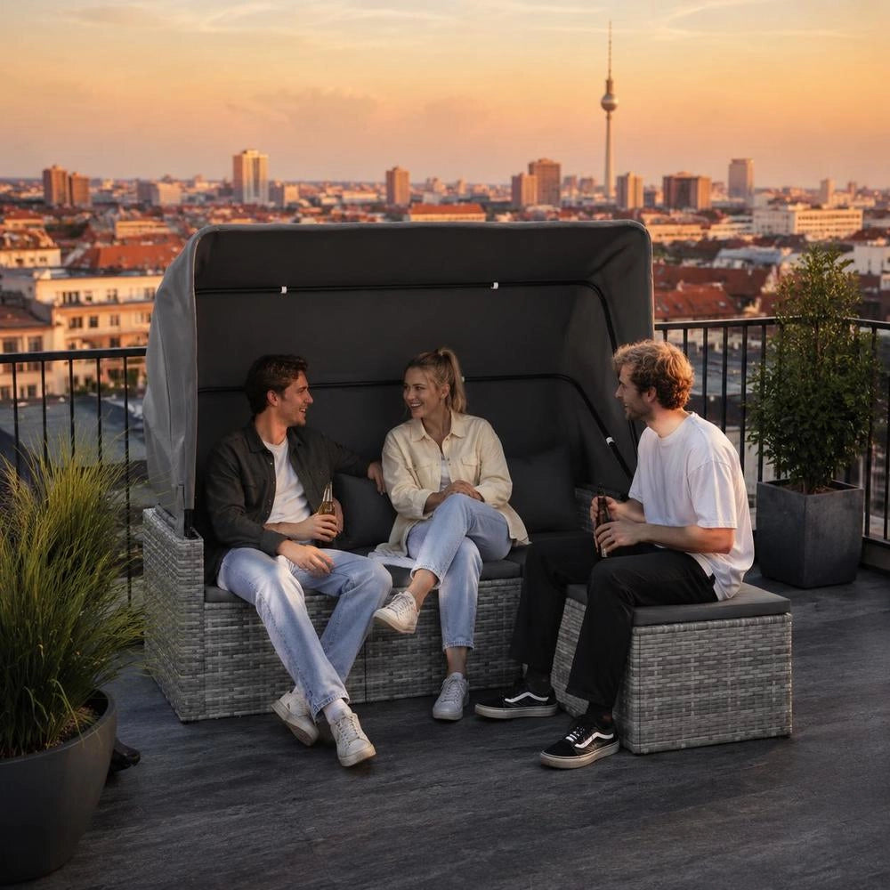 3-seater Garden Sofa With Roof And Footstool Grey Poly Rattan