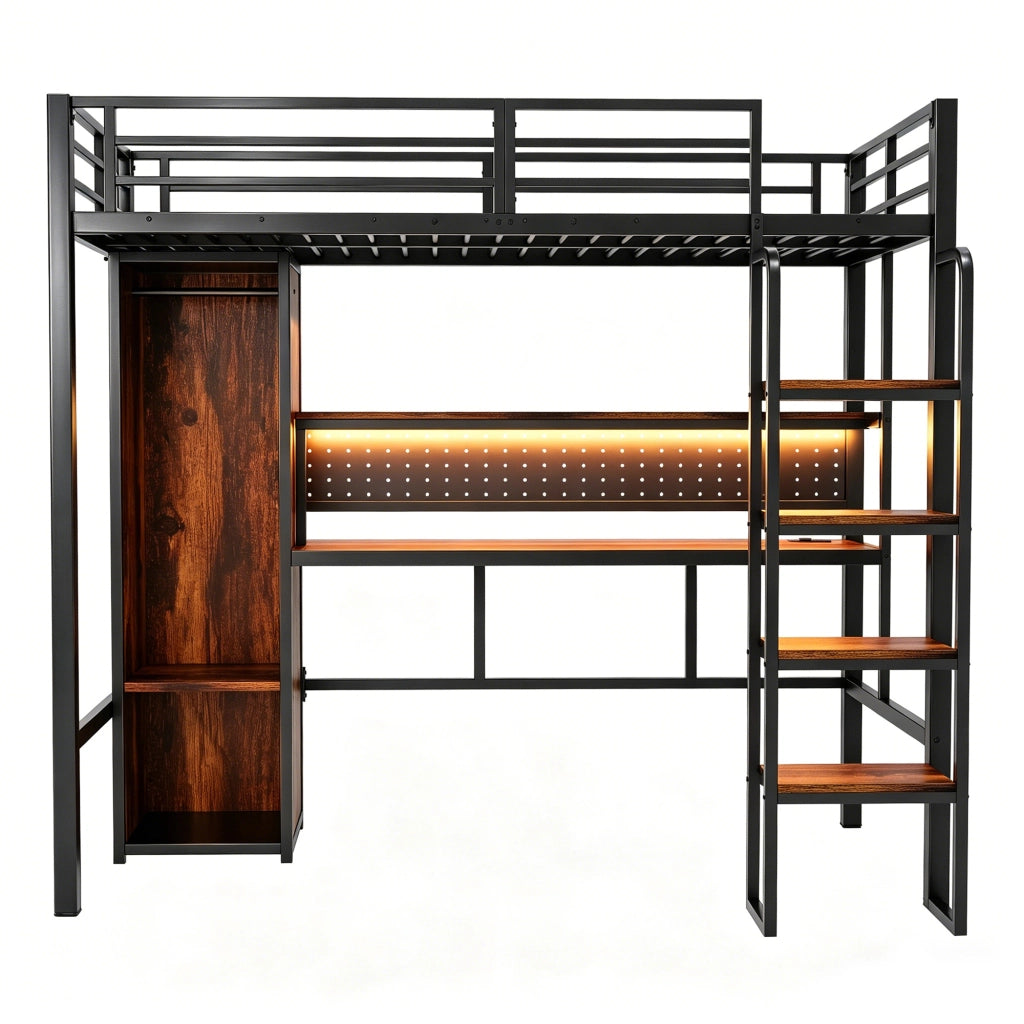 Letto a soppalco 90x200 cm con scrivania spaziosa; armadio; scala verticale e LED; nero