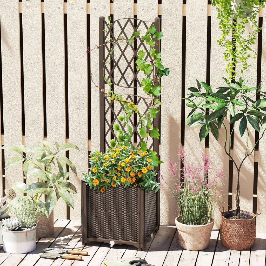 Letto da Giardino Elevato con Trellis a Lattice, Fioriera Autoinnaffiata per Piante Rampicanti, Fiori e Verdure, Fioriera Verticale da Interni e Esterni (Marrone,40 x 40 x 140 cm)