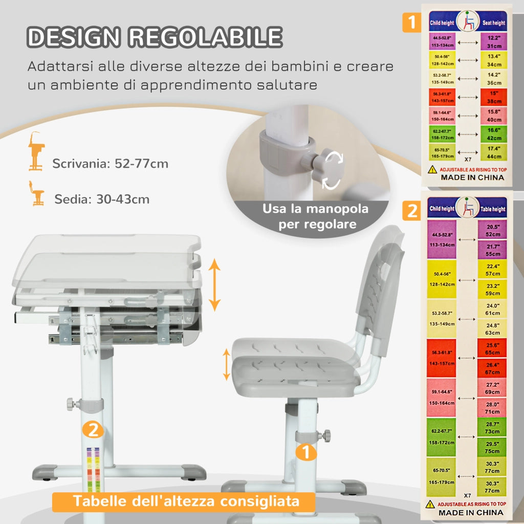 Scrivania Bambini con Sedia e Altezza Regolabile ¨C Zephmum ¨C Grigio, Legno, 66x47x52-77 cm