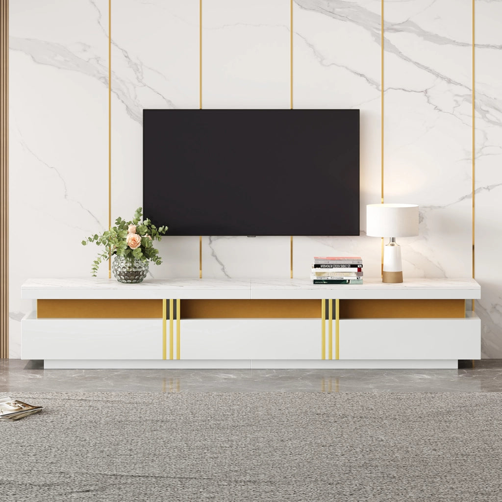 Mobile TV con 3 Cassetti e Passacavi; Piano Effetto Marmo; Stile Moderno; in Pannello Truciolare; 200??40??42 cm; Bianco