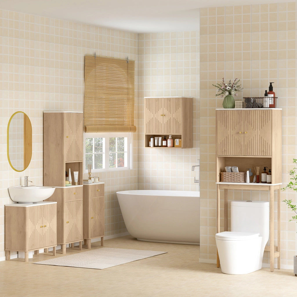 Mobile a Colonna Bagno 41,5x30x168 cm con  Ripiano Effetto Marmo e Ante Decorate in MDF Rovere