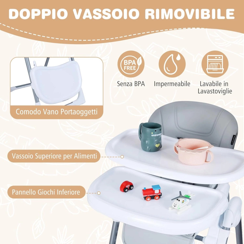 Seggiolone Pappa Portatile, con Altezza Regolabile, Schienale Reclinabile e Vassoio Rimovibile, Seggiolone Evolutivo Pieghevole con Cintura e 2 Ruote, per Bambini 6-36 Mesi (Grigio Chiaro)