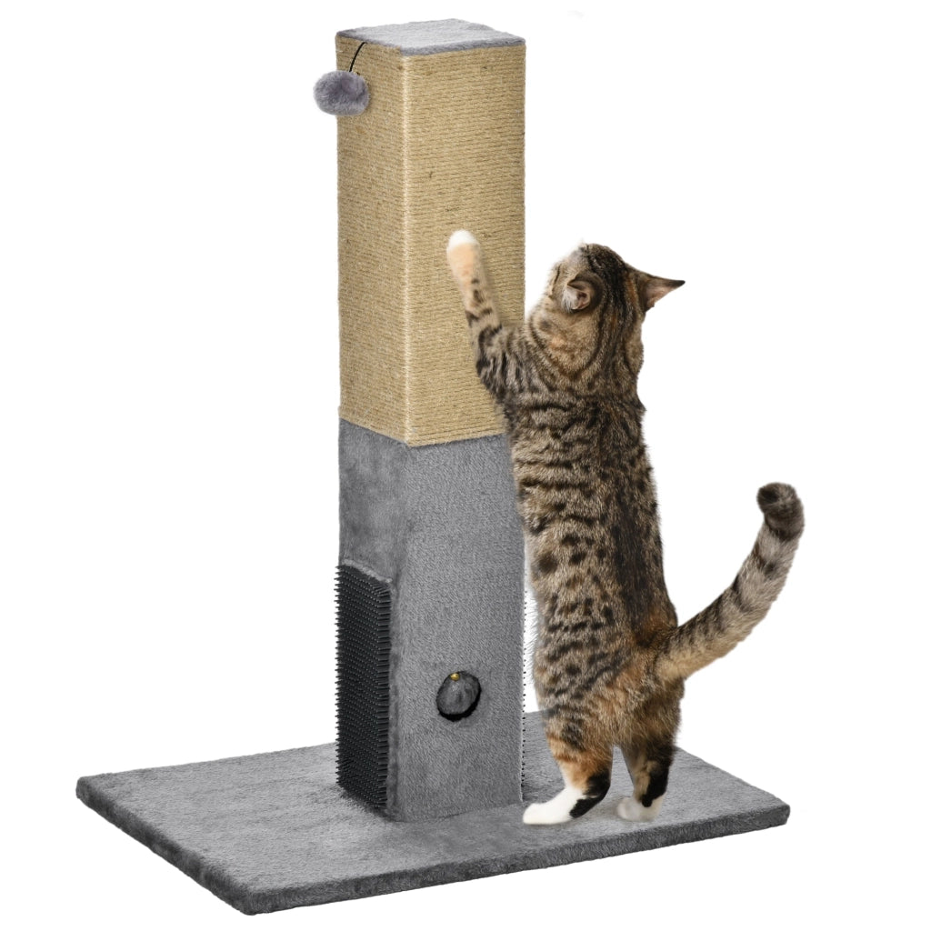 Albero Tiragraffi per Gatti 59,5x39x79 cm 2 Palline Giocattolo e Spazzola in Legno Iuta e Peluche Grigio