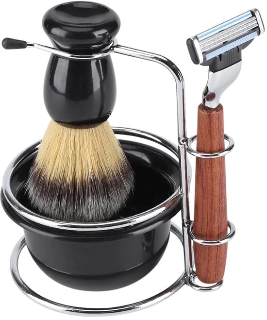 Set di cura della pelle per uomo 4 pezzi – Raschiera sicura manuale con spazzola per capelli, piedistallo in acciaio inossidabile e contenitore per schiuma – Set di cura premium per uomo e regalo