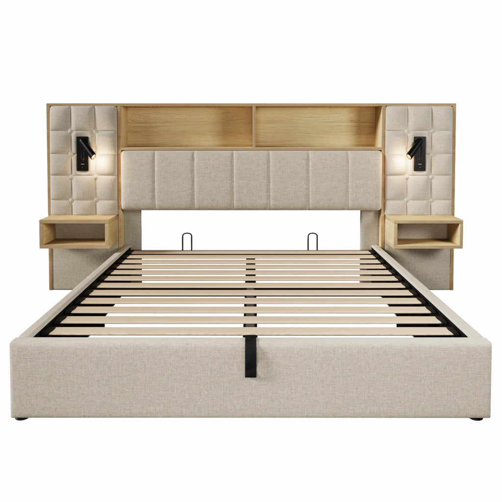 Letto matrimoniale 160x200 cm con contenitore, LED, USB e comodini integrati, in lino beige