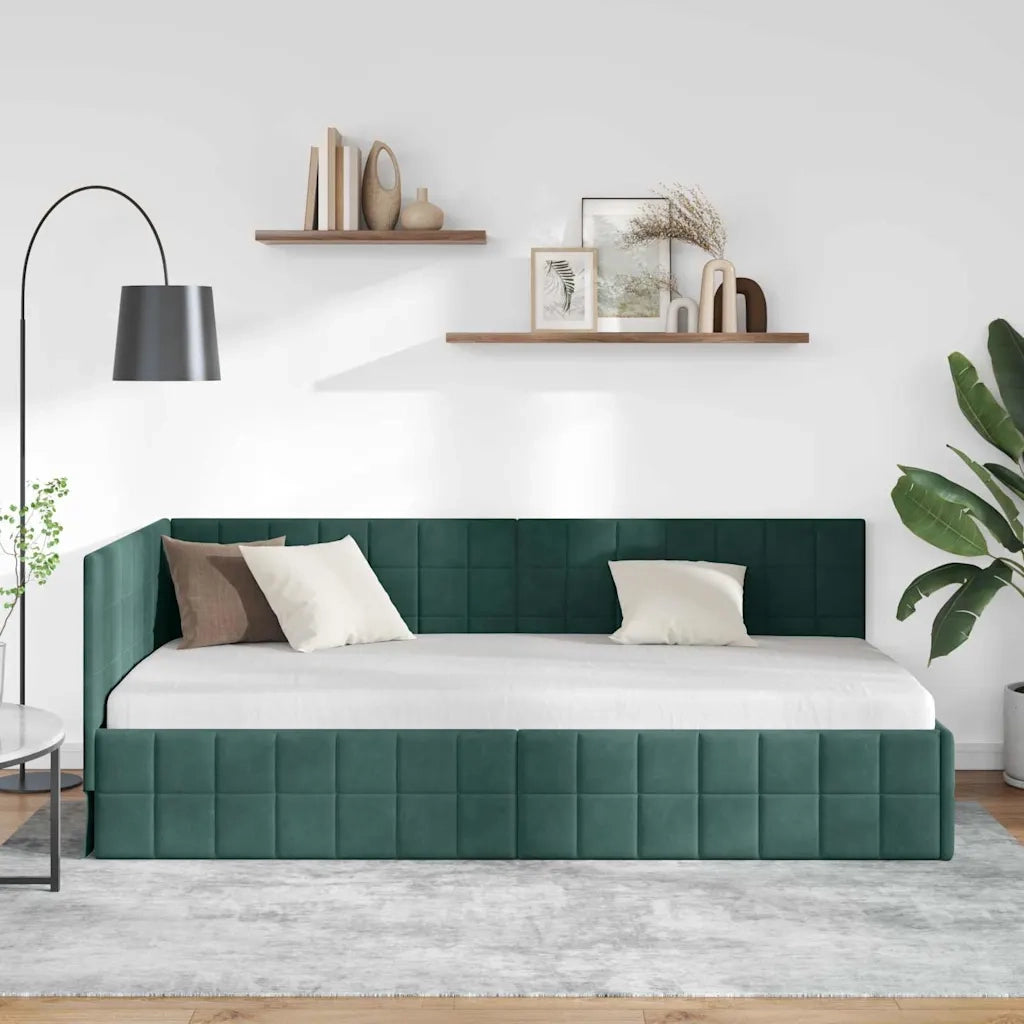Cornice del letto ad angolo Verde Scuro 90 cm x 200 cm Velluto