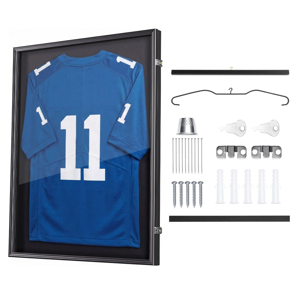 Cornice per Maglie Sportive ZSK-354-Y in Legno 700 x 900 mm Nero con Protezione UV e Serratura di Sicurezza per Esposizione Maglia Calcio e Basket