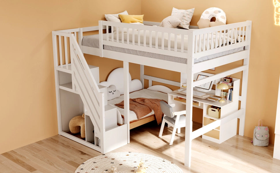 DESMIU Letto a soppalco 2 posti con scala contenitore e sponde alte 140 × 200 cm, senza materasso, bianco