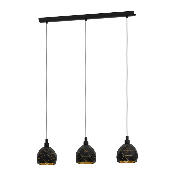 Lampadario A Sospensione Contemporaneo Roccaforte Acciaio Nero Oro 3 Luci E14