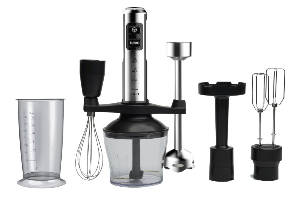Frullatore a immersione 1500W con tritatutto 650ml, 23 velocità e lame titanio con accessori completi - Sogo
