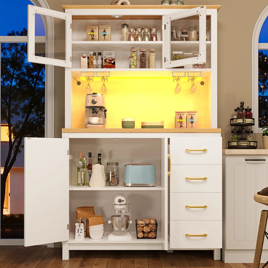 Credenza da Cucina con Vani Contenitore e Cassetti; LED Regolabile; in MDF; per Cucina; 105.5x40x180 cm; Bianco