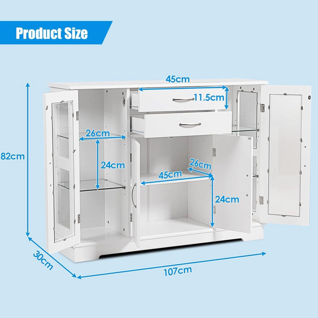 Credenza da cucina in legno, armadio a buffet multiuso con ante e ripiani in vetro temperato, mobile ausiliario per sala da pranzo, soggiorno, bagno, 107 x 30 x 81 cm